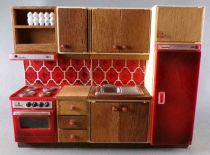 Lundby of Sweden # 9272 - Continental Kitchen Sink Unit Cooker & Storage Cupboard Red Wall Ceramic Dolls House Furniture