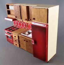 Lundby of Sweden # 9272 - Continental Kitchen Sink Unit Cooker & Storage Cupboard Red Wall Ceramic Dolls House Furniture