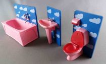 Lundby of Sweden - Bathroom Bath Sink Toilet Blue Walls with Clouds Dolls House Furniture