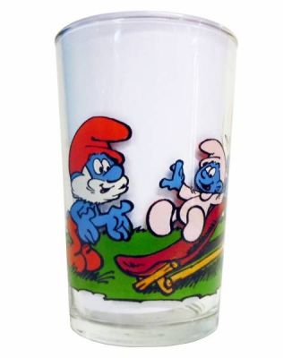 The Smurfs - Mustard glass Maille 1984 - Baby-Smurf, Smurfette & Papa Smurf