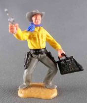 Timpo - Cow-Boys - 2nd Series - Footed Bank Robber with Bag & Pistol Yellow Shirt Grey Bent Legs