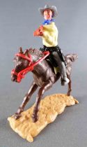 Timpo - Cow-Boys - 2nd Series - Mouted Firing Rifle Yellow Shirt Grey Legs Dark Brown Galloping Horse