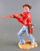 Timpo - Cow-Boys - 3rd Series - Footed Firing Rifle Red Shirt Advancing Light Blue Legs