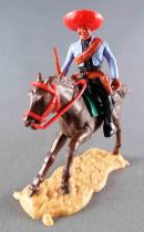 Timpo - Mexicans - Mounted (Moulded Belt) Left Arm Down Light Blue Jacket (Winchester) Black Legs Dark Brown Galloping Horse