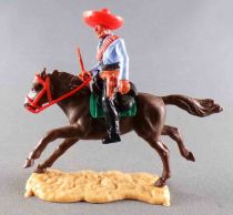 Timpo - Mexicans - Mounted (Moulded Belt) Left Arm Down Light Blue Jacket (Winchester) Black Legs Dark Brown Galloping Horse