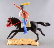 Timpo Indians 2nd Series (moulded weapon) Mounted Tomahawk on Front Royal Blue Legs Yellow Feather Black Galloping (long) Horse