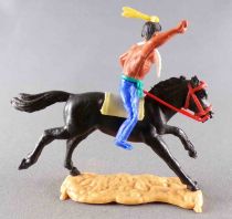 Timpo Indians 2nd Series (moulded weapon) Mounted Tomahawk on Front Royal Blue Legs Yellow Feather Black Galloping (long) Horse