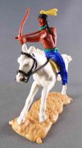 Timpo Indians 2nd Series (moulded weapon) Mouoted Archer Royal Blue Legs Yellow Feather White Galloping (long) Horse