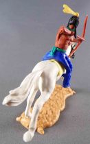 Timpo Indians 2nd Series (moulded weapon) Mouoted Archer Royal Blue Legs Yellow Feather White Galloping (long) Horse