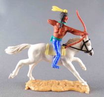 Timpo Indians 2nd Series (moulded weapon) Mouoted Archer Royal Blue Legs Yellow Feather White Galloping (long) Horse