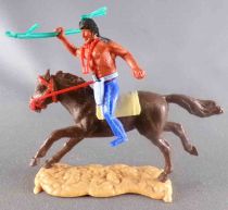 Timpo Indians 3rd series (3 pieces head - knife belt) Mounted Right Arm up (Green spear) bue legs Dark Brown Galloping horse