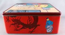 Tintin - Delacre Tin Cookie Box (Square) - Tintin Drinking Tea The Blue Lotus