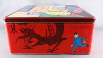 Tintin - Delacre Tin Cookie Box (Square) - Tintin Drinking Tea The Blue Lotus